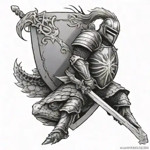 knight kneeling at cross with flaming sword and shield with turtle on shield  tattoo design idea