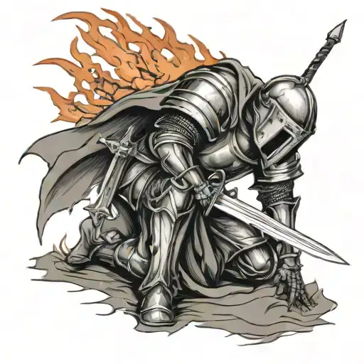 knight holding flaming sword kneeling at cross  tattoo design idea