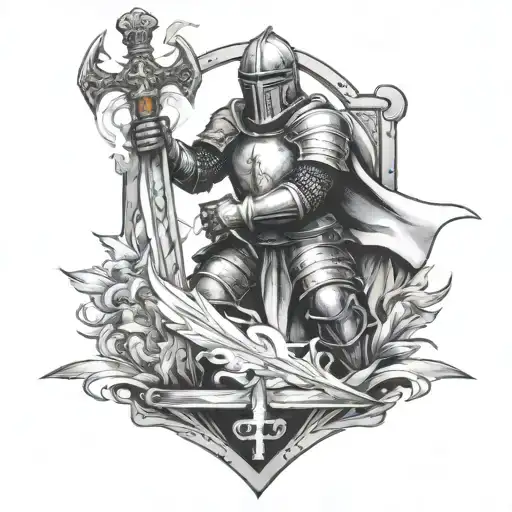 knight holding flaming sword kneeling at cross  tattoo design idea