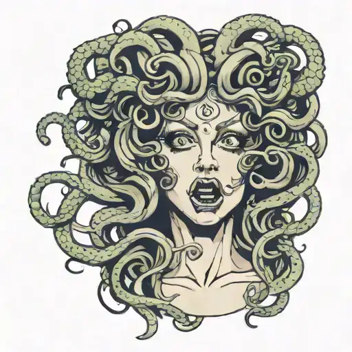 Medusa with eyeball in her mouth open and tongue tattoo design idea