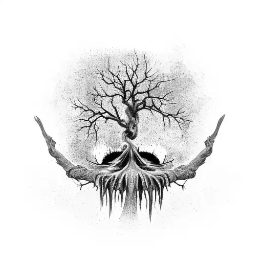 Evil rotting tree with hidden eyes anf new growth at the very top tattoo design idea