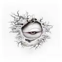 Evil rotting tree with hidden eyes anf new growth at the very top tattoo design idea