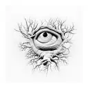 Evil rotting tree with hidden eyes anf new growth at the very top tattoo design idea