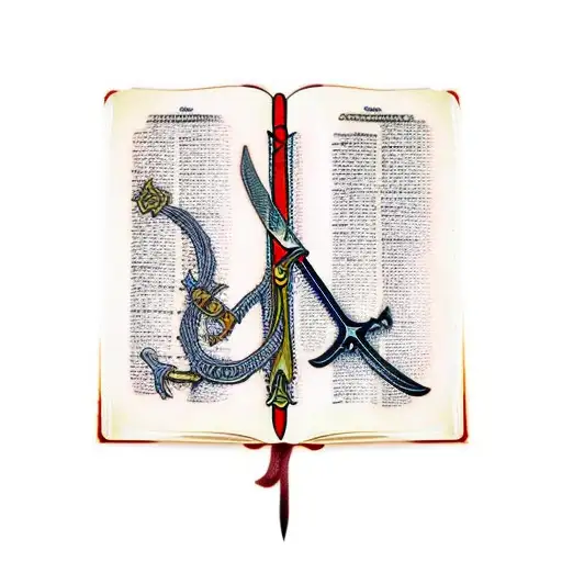 American traditional Bible book with a sword being used as a bookmark tattoo design idea