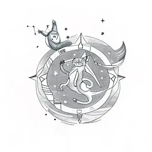 A sketch-style tattoo of a constellation of the client's zodiac sign with a cat leaping through the stars tattoo design idea
