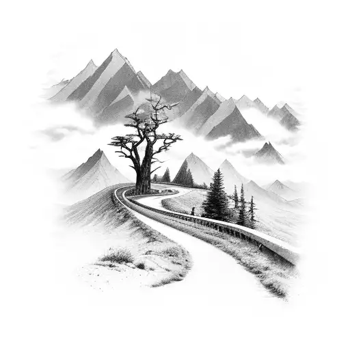 a winding road with trees on either side and a mountain in the middle blocking the road tattoo design idea