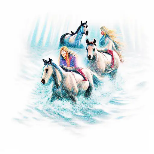 the horses rain and Spirit from the movie spirit,swiming in the lake with flowers around they tattoo design idea