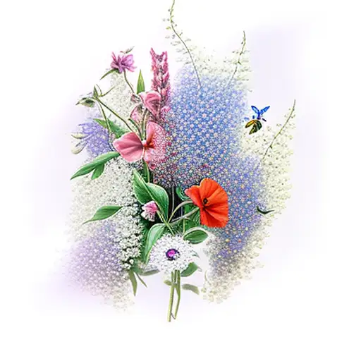 roses, honeysuckle, gladiolus and poppy flowers with baby's breath and butterflies tattoo design idea