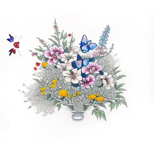 roses, honeysuckle, gladiolus and poppy flowers with baby's breath and butterflies tattoo design idea