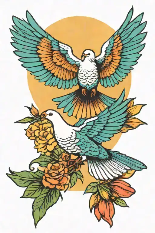 Quetzal and a dove flying towards the sun tattoo design idea