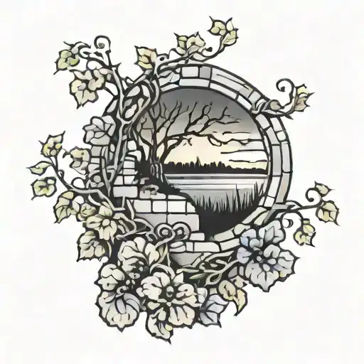 stone wall wrapped in vines sunset sky tattoo design idea