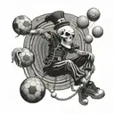 A gothic-inspired circus scene with a skull clown juggling volleyball balls tattoo design idea