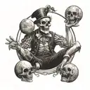 A gothic-inspired circus scene with a skull clown juggling volleyball balls tattoo design idea