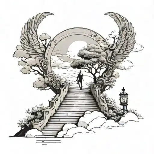 man walking up stairs towards heaven. instead of gate it will be tree of life. have clouds tattoo design idea