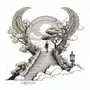 man walking up stairs towards heaven. instead of gate it will be tree of life. have clouds tattoo design idea
