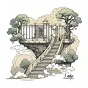man walking up stairs towards heaven. instead of gate it will be tree of life. have clouds tattoo design idea
