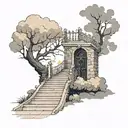 man walking up stairs towards heaven. instead of gate it will be tree of life. have clouds tattoo design idea