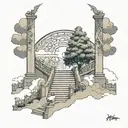 man walking up stairs towards heaven. instead of gate it will be tree of life. have clouds tattoo design idea