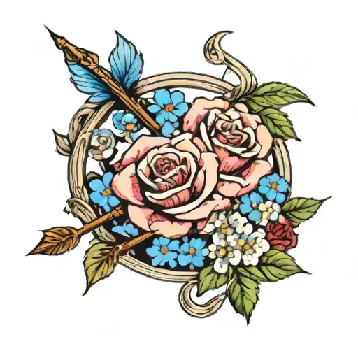 bow and arrow with red rose and blue forget me not flowers tattoo design idea