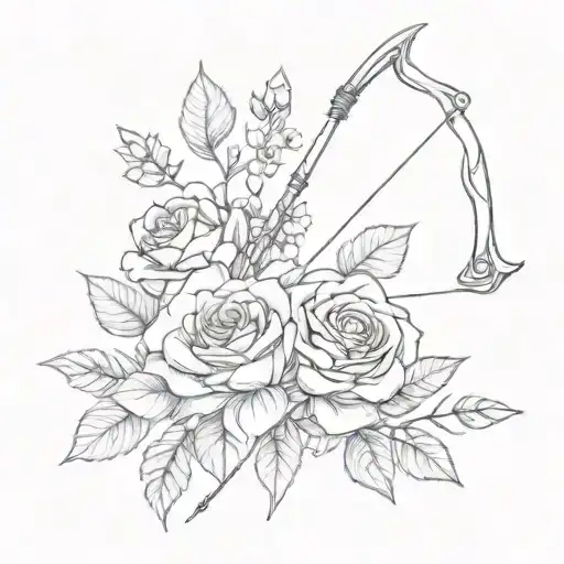 bow and arrow with red rose and blue forget me not flowers tattoo design idea