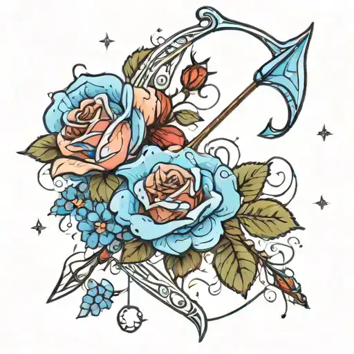 bow and arrow with red rose and blue forget me not flowers with Pisces and cancer constellation tattoo design idea