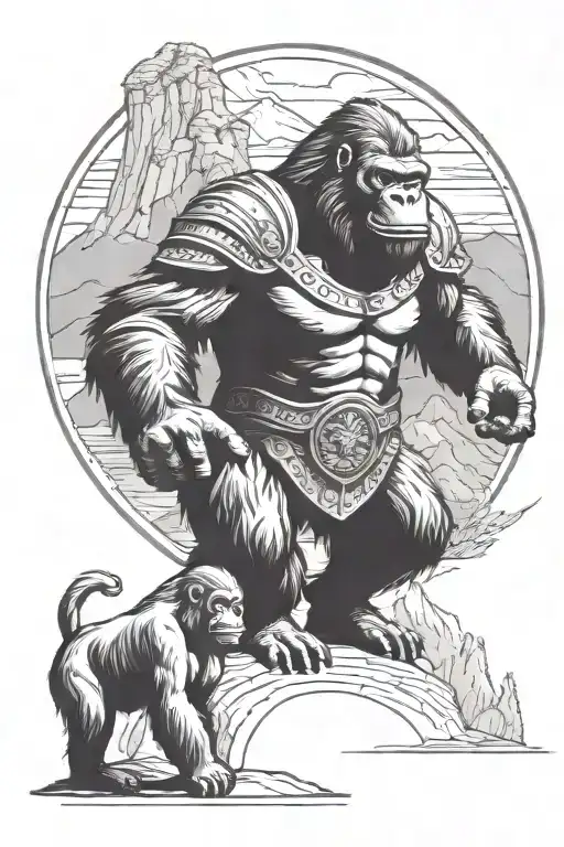 gorilla with roman armor and a greek goddess in the background a mountain with a river on top of the mountain a swan tattoo design idea