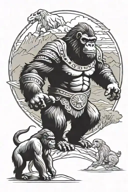 gorilla with roman armor and a greek goddess in the background a mountain with a river on top of the mountain a swan tattoo design idea