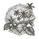 design a tattoo for the upper arm with 888, clouds and palm trees. tattoo design idea