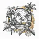 design a tattoo for the upper arm with 888, clouds and palm trees. tattoo design idea
