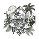 design a tattoo for the upper arm with 888, clouds and palm trees. tattoo design idea