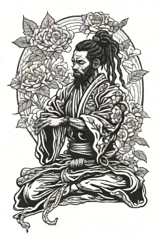 Black samurai with dreadlock ponytail meditating in rose garden tattoo design idea