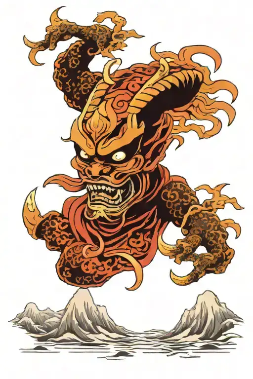 sun and crane and oni mask and japanese torri and hannya mask tattoo design idea