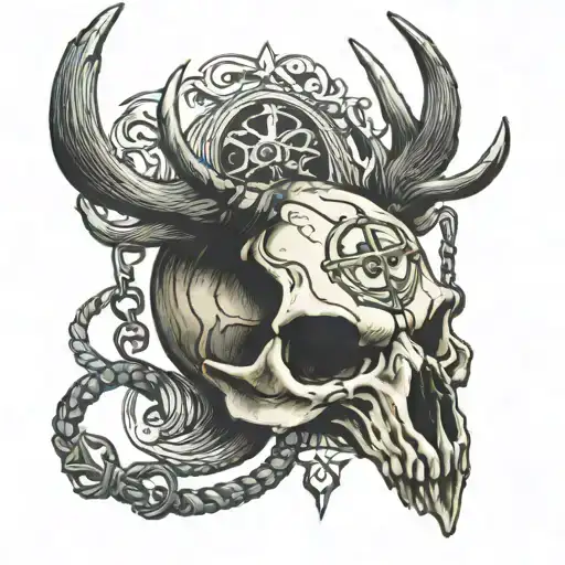 deer skull with cross necklace wrapped tattoo design idea