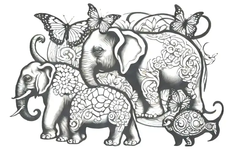 elephant , butterfly, turtle, monkey tattoo design idea
