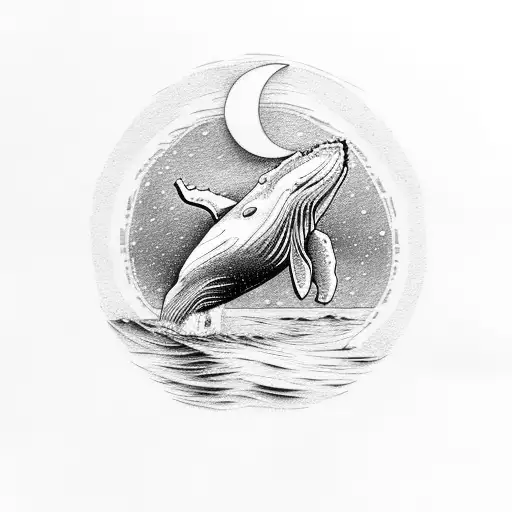 humpback whale jumping out of water with moon in the background tattoo design idea