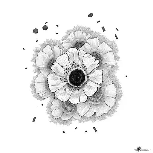 Red south phrase with red anemones incorporated into a black-grey trash polka design tattoo design idea