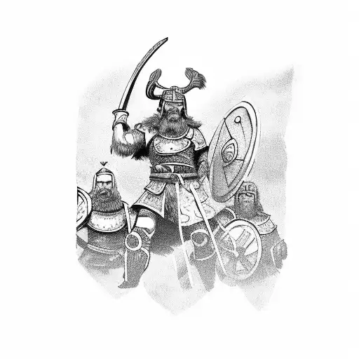 group of 3 viking warriors and a shield maiden going to battle tattoo design idea