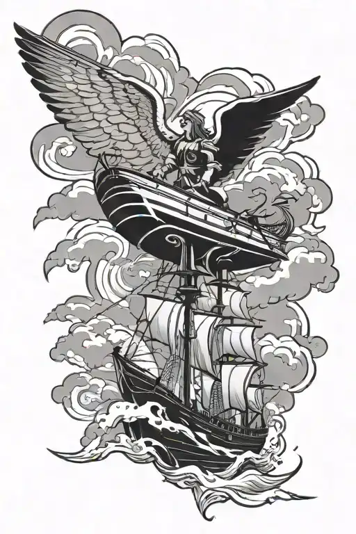 Seraphim overseeing a clipper ship in a lightning storm American traditional tattoo design idea