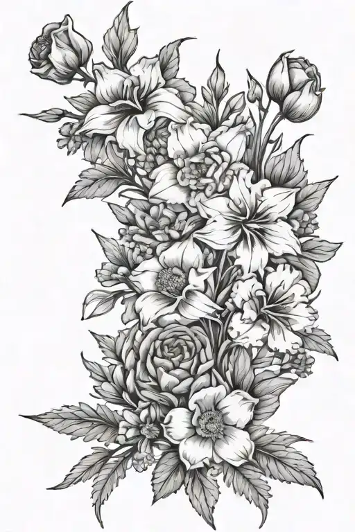 bouquet of larkspur, marigold, poppy, narcissus, and carnation flowers  tattoo design idea