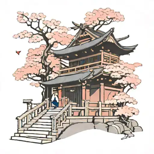 japanese temple with sakura trees around and stairs and a samurai looking up the stairs with a bloody katana for inner a tattoo design idea
