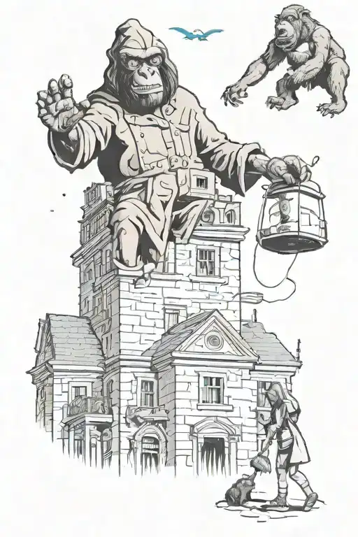 wizard casting a spell with aliens invading a city. a scared woman and a gorilla hanging onto a building. tattoo design idea