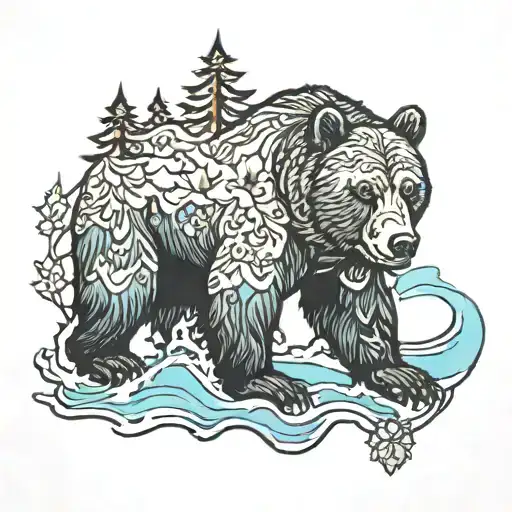 bear, mountain, maple leaf, ice hockey, lakes  tattoo design idea