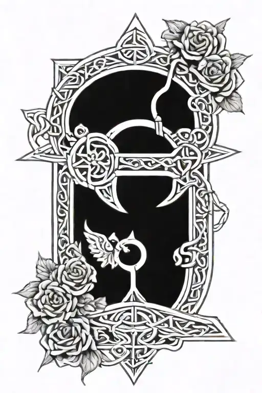 A blackwork tattoo of a Celtic knot design incorporating elements of Guns'n'Roses imagery tattoo design idea