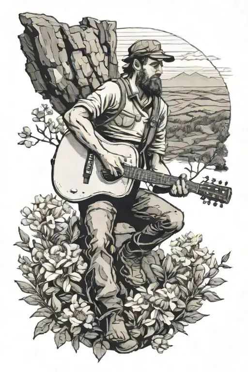 A realistic depiction of a Cornish tin mine worker playing guitar, with gorse flowers blooming around him in a black and grey shading style tattoo design idea