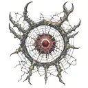 Satanic Realistic Eye, cracked and bleeding. dark black blood red. Bleeding Thorns spider web and horns Gold tattoo design idea
