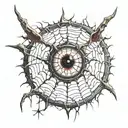 Satanic Realistic Eye, cracked and bleeding. dark black blood red. Bleeding Thorns spider web and horns Gold tattoo design idea