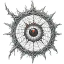 Satanic Realistic Eye, cracked and bleeding. dark black blood red. Bleeding Thorns spider web and horns Gold tattoo design idea