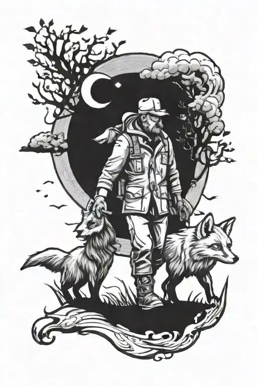 maskuline fox dad and dauther walking towards bright shining full moon tattoo design idea