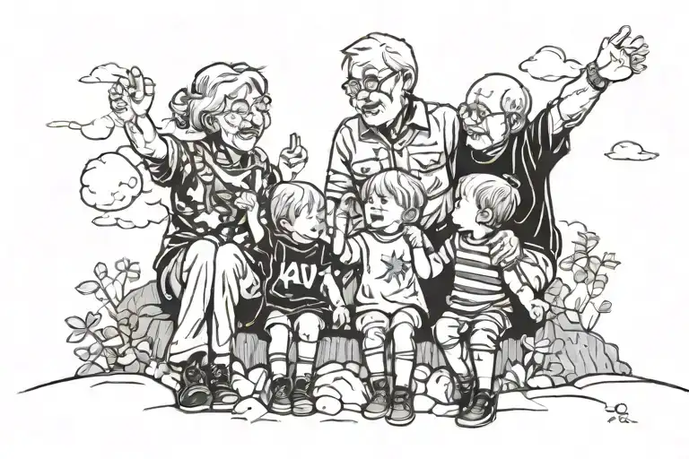 kid with grandparents pointing at the sky tattoo design idea