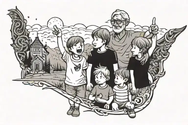 kid with grandparents pointing at the sky in front tattoo design idea